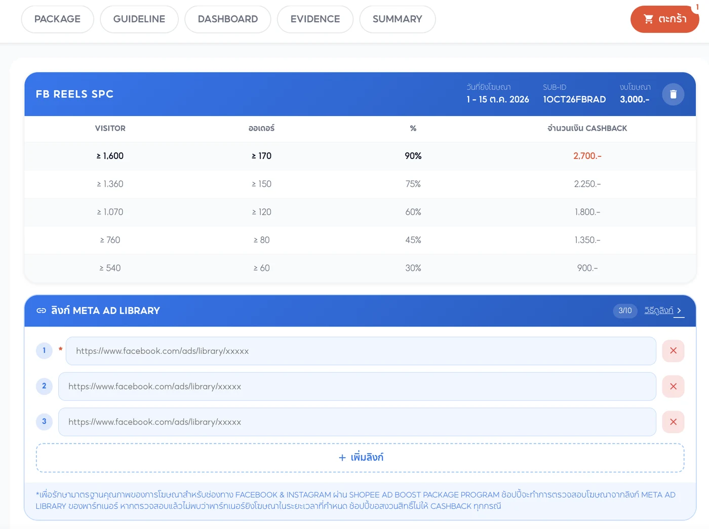 ตารางเกณฑ์ Cashback และช่องใส่ลิงก์ Meta Ad Library